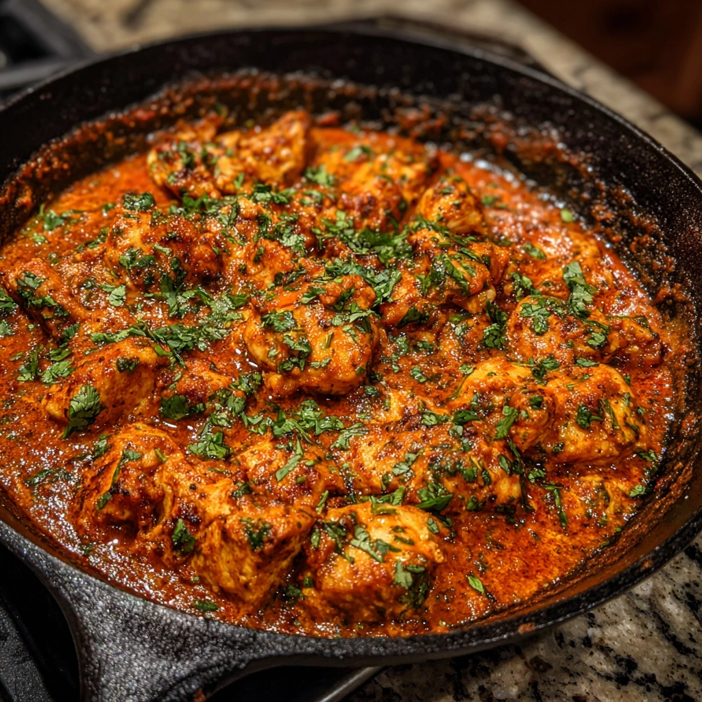 Skillet of golden butter chicken simmering in spiced sauce