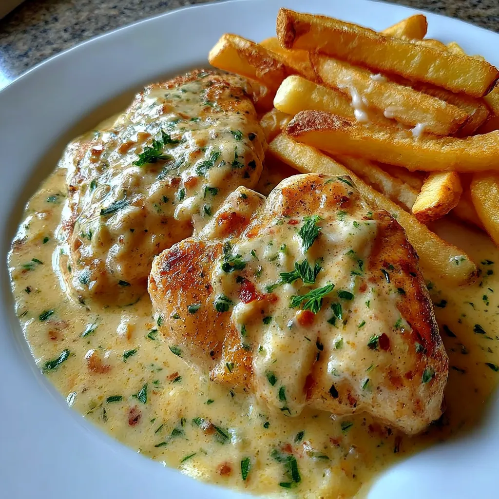 Chicken Fillet in Spicy, Creamy Garlic-Parmesan Sauce with Fries