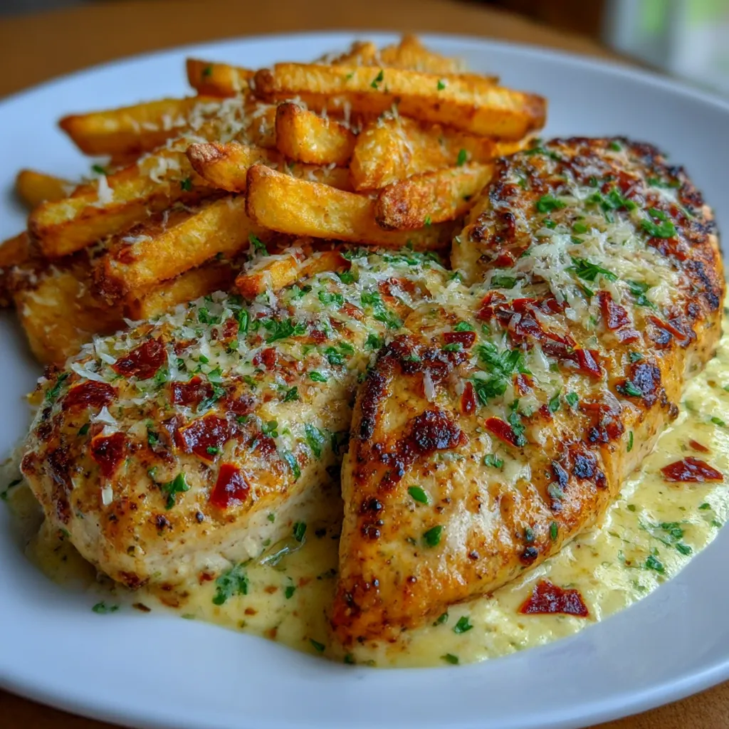 Chicken Fillet in Spicy, Creamy Garlic-Parmesan Sauce with Fries