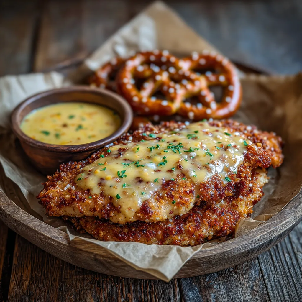 Pretzel Chicken with Mustard-Cheddar Sauce