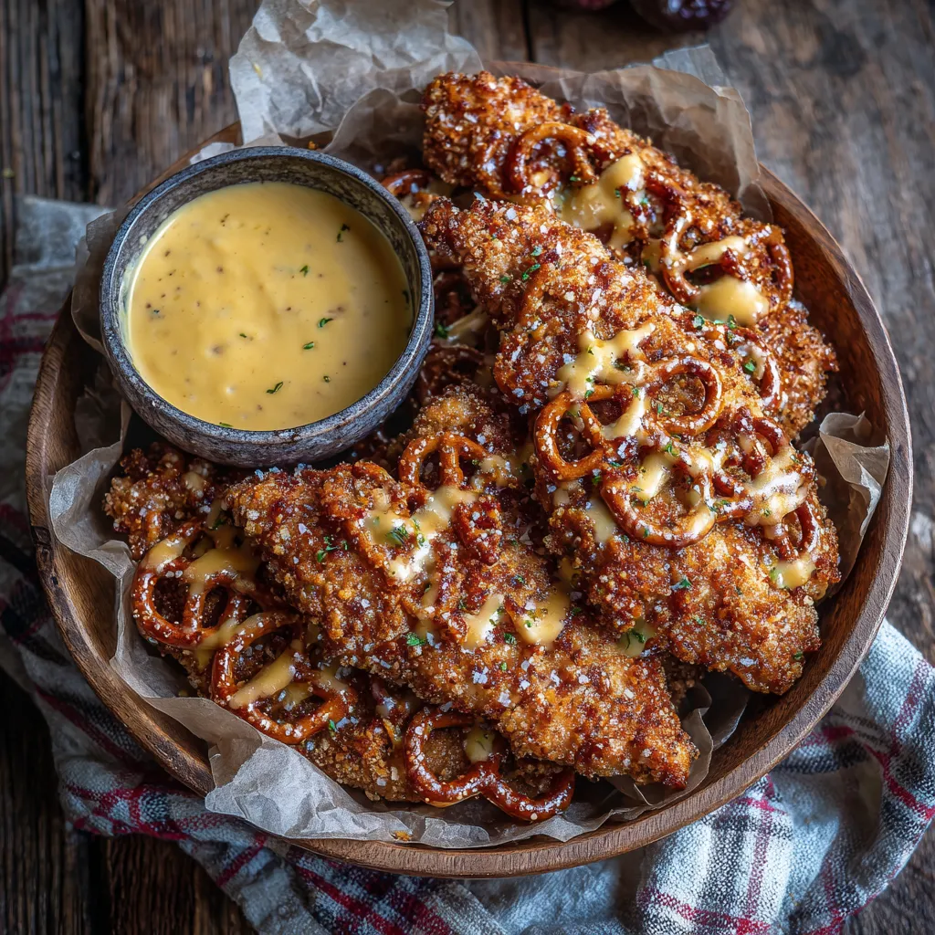 Pretzel Chicken with Mustard-Cheddar Sauce