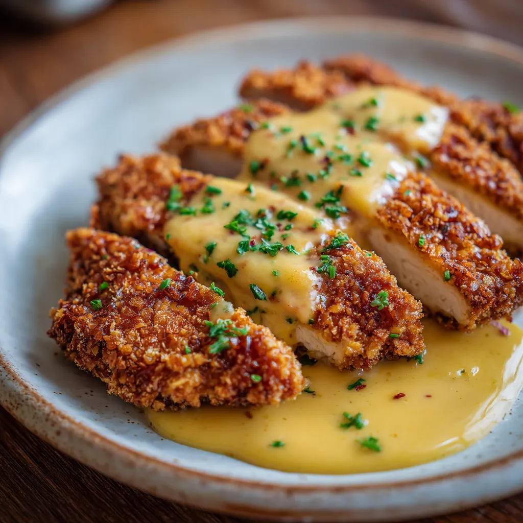 Pretzel Chicken with Mustard-Cheddar Sauce